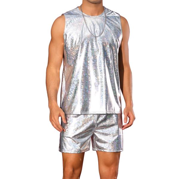 Lars Amadeus ホログラフィックタンクトップとショーツセット メンズ パーティー ディスコ...