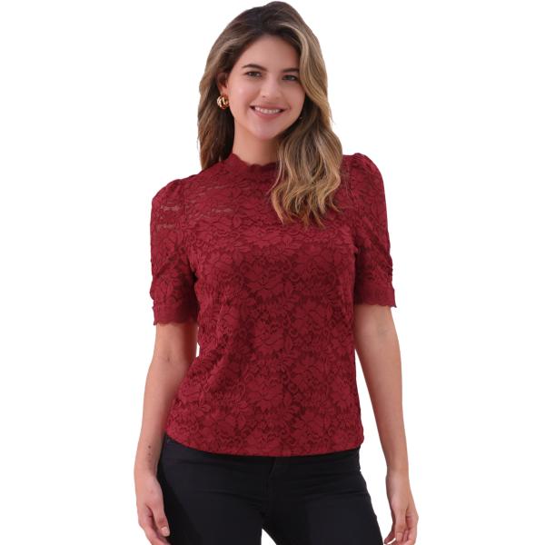 Allegra K レディース フローラルレーストップス モックネック パフ 半袖 ドレッシー エレ...