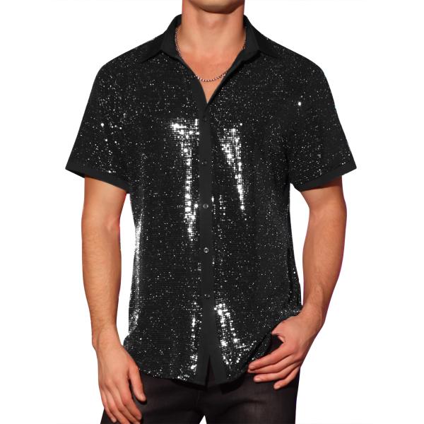 Lars Amadeus メンズ用 スパンコールシャツ コントラストカラー 半袖 ディスコパーティー...