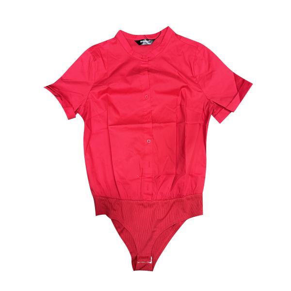 Allegra K ボディスーツ 通勤 ボタンダウン スタンドカラー 半袖 オフィス ワーク シャツ...