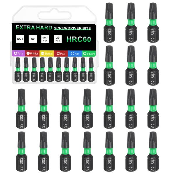 uxcell 20個 スクエアスクリュードライバービットSQ3 1/4"六角シャンク25mm/1"長...