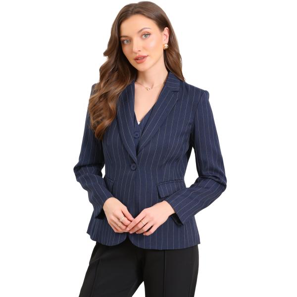 Allegra K レディース ストライプブレザー ノッチドラペル ワンボタン 長袖 ワークオフィス...
