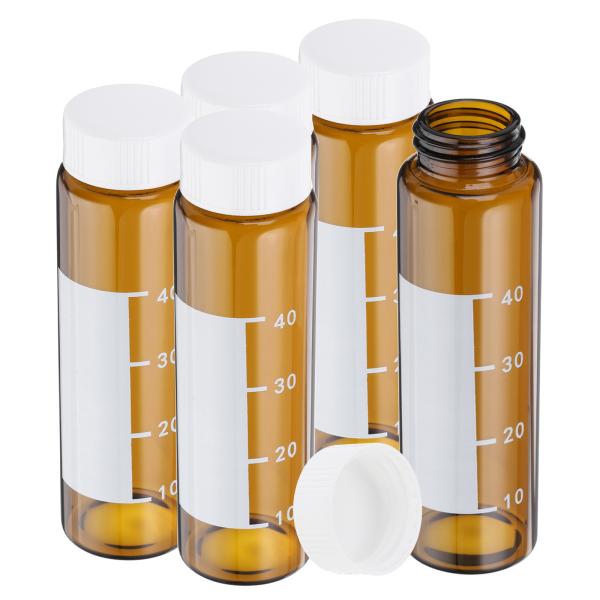 PATIKIL 蓋付き小さなガラスサンプルボトル 50ml アンバーガラスビアル5個 白いスクリュー...