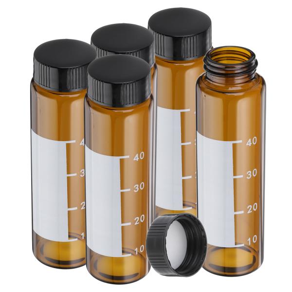 PATIKIL ふた付き小さなガラスサンプルボトル 50ml アンバーガラスビアル5個 黒いねじキャ...