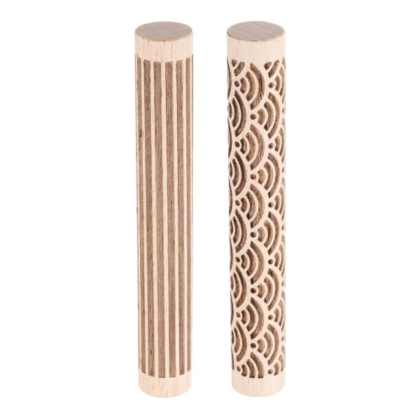 uxcell 2個 木製クレイローラー4"ウォーターウェーブストレートラインパターンローリングピン ...