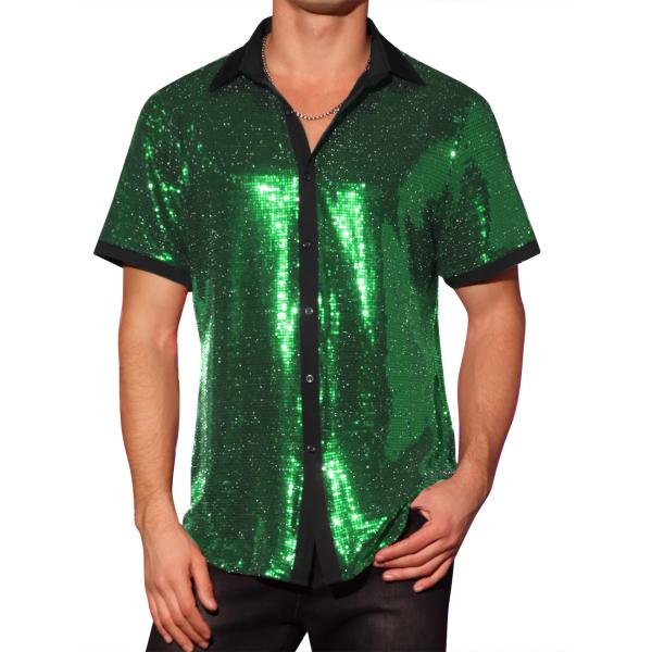 Lars Amadeus メンズ用 スパンコールシャツ コントラストカラー 半袖 ディスコパーティー...
