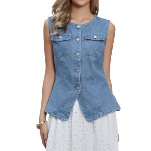 Allegra K レディース デニムベスト クルーネック ボタンダウン カジュアル クロップド丈 ジーンズベスト トップス ポケット付き ブルー S