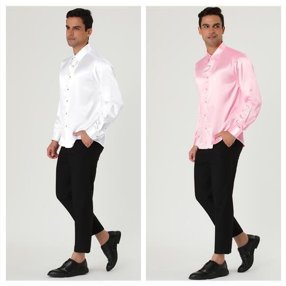 Lars Amadeus サテンシャツ 光沢 無地 長袖 ボタンダウン ステージ衣装 メンズ