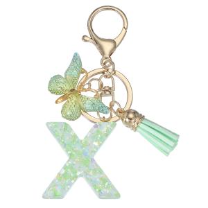 PATIKIL アルファベットイニシャルレターキーチェーン、タッセルバタフライレターxペンダント装飾付きのレジンかわいいキーチェーン、グリ ーン