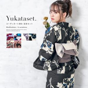 SOUBIEN 浴衣 レディース ネイビー 紺系 雨縞 牡丹 ボタン 夏