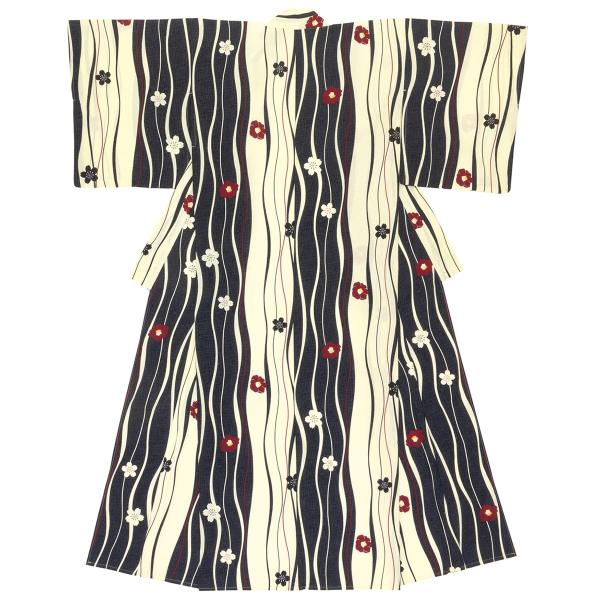 浴衣 レディース 黒系 ブラック クリーム 椿 ツバキ よろけ縞 花 綿 単品 夏祭り 花火大会 女...