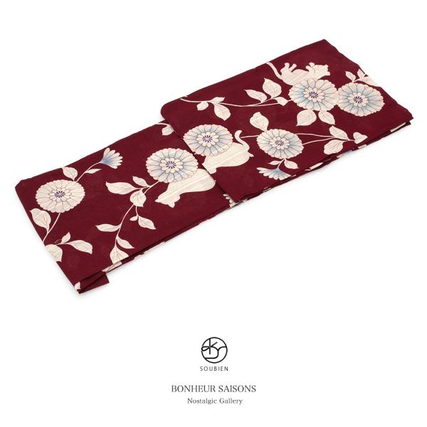 浴衣 レディース 単品 bonheur saisons ボヌールセゾン 濃赤 レッド 生成色 菊 キ...