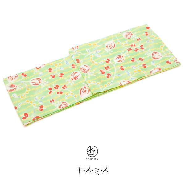 レディース浴衣 ブランド キスミス 黄緑 イエローグリーン 橙色 オレンジ 花 変わり縞 綿 紅梅織...