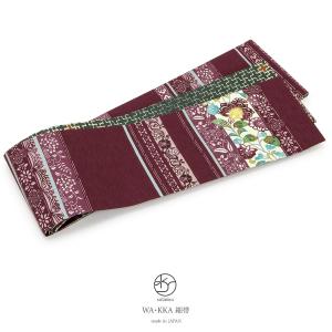 半幅帯 正絹 モダン WA・KKA クリーム 芥子 茶 青緑 花唐草 更紗