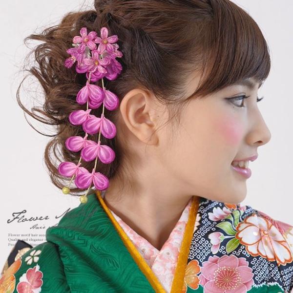 髪飾り 創美苑オリジナル 花 フラワー 赤紫 ビーズ 下がり藤 サイドアクセサリー