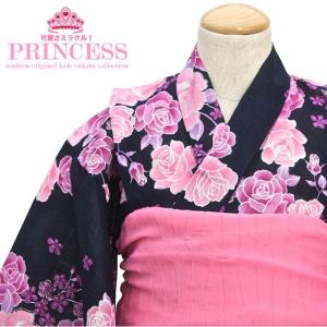 浴衣 子供 キッズ 単品 黒 ブラック ピンク 薔薇 バラ ローズ 花 ラメ 変わり織り こども 女児 女の子 ガールズ｜soubien