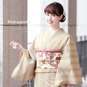 プレタ着物 袷 白系 アイボリー 花唐草 更紗 モダン 小紋 カジュアル