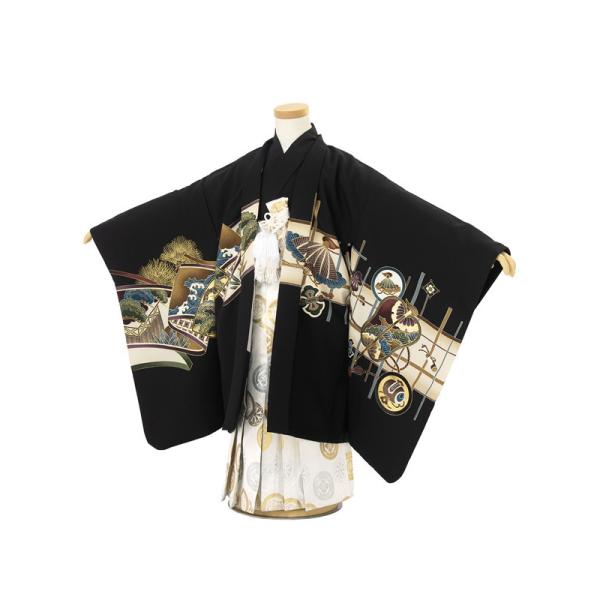 七五三 着物 レンタル 5歳 男の子 フルセット 袴セット 黒 ブラック 金 鷹 垣文 宝尽くし 軍...