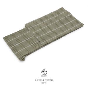 浴衣 メンズ 単品 ブランド bonheur saisons ボヌール 緑色 グリーン 白 シンプル チェック 格子 綿麻 しじら織り 男性用 仕立て上がり M L LL