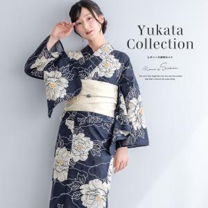 浴衣 セット レディース 浴衣セット 半幅帯 2025新作 3点セット 簡単 涼しい 紺 白 牡丹 レトロ 花柄 綿麻 大人 帯 下駄 S フリー 送料無料
