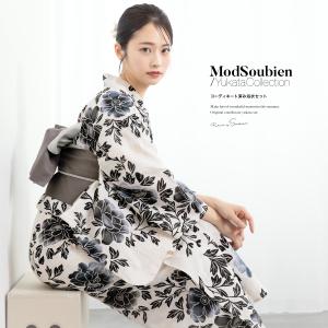 浴衣 レディース 浴衣セット 夏 大人 F 半幅帯 綿麻 3点 黒 紺 ベージュ グレー 花柄 綿麻 帯 下駄 レディース浴衣 女性 ゆかた ユカタ yukata モダン 創美苑