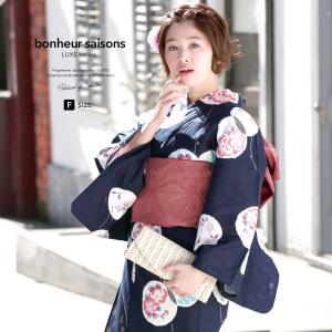 浴衣 レディース 3点セット （浴衣/兵児帯/下駄） bonheur saisons ボヌールセゾン 濃紺 ネイビー 白 水色 赤 雪輪 椿 桜 藤 ラメ 綿 フリー 送料無料 古典柄
