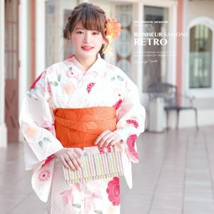 浴衣 レディース 3点セット （浴衣/半幅帯/下駄） bonheur saisons ボヌールセゾン 薄黄色 クリーム 赤ピンク 桜 菊 金魚 ラメ 綿古典柄 花柄 S・フリー