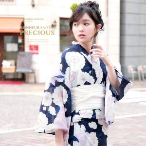 浴衣 レディース 3点セット （浴衣/兵児帯/下駄） bonheur saisons ボヌールセゾン 紺 ネイビー 白 桜 ラメ 綿麻 女性用 花柄 送料無料