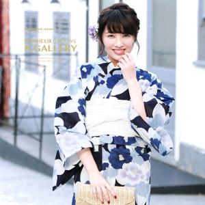 浴衣 レディース 3点セット （浴衣/兵児帯/下駄） bonheur saisons ボヌールセゾン 濃紺 ネイビー 椿 花 綿 女性用 ゆかた 送料無料