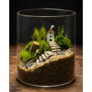 【完成品】苔テラリウム ミニチュアハウス ガラス容器 インテリア 癒し ギフト