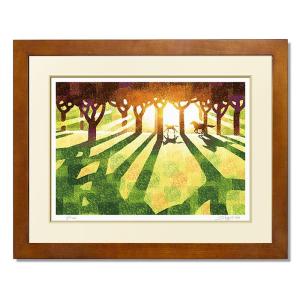 藤田不美夫 「 川岸の竹林 」 木版画 版画 絵画 風景 新緑 馬 自然