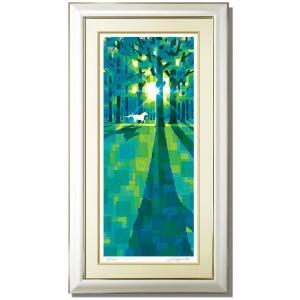 藤田不美夫 「 川岸の竹林 」 木版画 版画 絵画 風景 新緑 馬