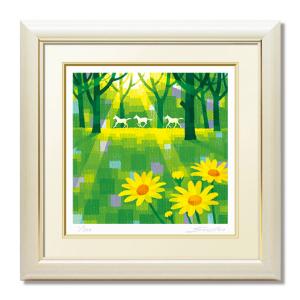 藤田不美夫 「 川岸の竹林 」 木版画 版画 絵画 風景 新緑 馬