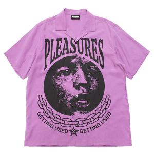 PLEASURES プレジャーズ 半袖シャツ USED S/S SHIRT ストリート オープンカラー ワイドシルエット ロゴ フォトプリント パープル 紫 M L｜soulstyle