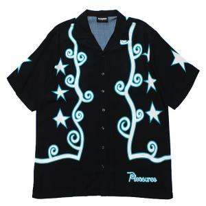 PLEASURES プレジャーズ 半袖シャツ FURY S/S SHIRT ストリート オープンカラー ワイドシルエット ロゴ プリント ブラック 黒 M L｜soulstyle