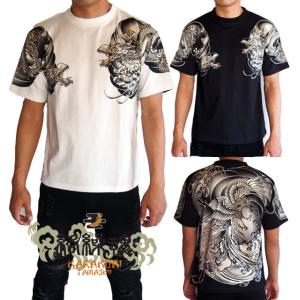 和柄ｔシャツ 絡繰魂  龍×鳳凰刺青　半袖Tシャツ　tシャツ メンズ 黒 白 212847