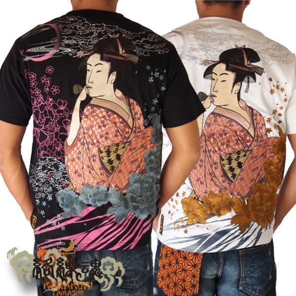 和柄ｔシャツ 絡繰魂  浮世絵刺繍「喜多川歌麿」半袖Tシャツ　tシャツ メンズ 黒 白 292021...