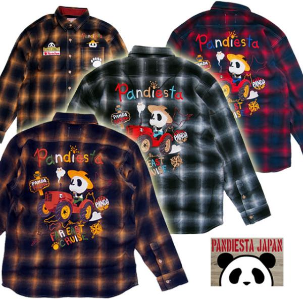 アメカジ【PANDIESTA JAPAN】熊猫謹製　ファーマーズパンダオンブレチェックシャツ　ブラッ...