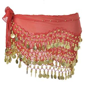 BellyLadyシフォンダングリングゴールドコインベリーダンスのヒップスカーフ - レッド