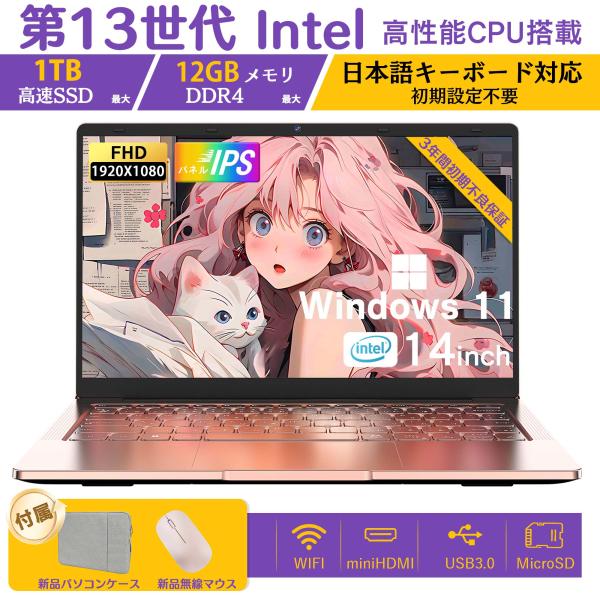 ノートパソコン 新品  Intel Celeron N3450 ピンク メモリ 12GB 高速SSD...