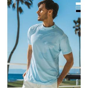 LUXEAKMPLUS(リュクスエイケイエムプラス)ゴルフ ハウンドトゥース×カモ柄モックネック半袖Tシャツ メンズ ゴルフウェア スポーツウェア GOLF