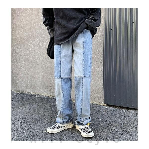 ジーンズデニム韓国オルチャンストリートワイドパンツダンス衣装切替パッチワーク原宿系派手レトロ配色ボト...