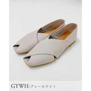 日本製 レザー 本革 オープントゥ フラットシ...の詳細画像3