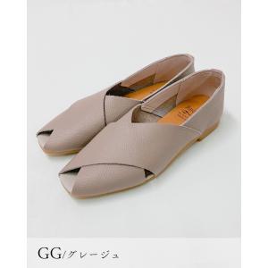 日本製 レザー 本革 オープントゥ フラットシ...の詳細画像4