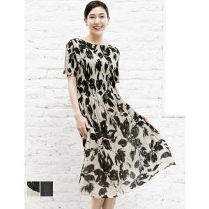 SPECCHIO 公式店 スペッチオ シフォン プリーツ ワンピース 半袖 レディース 花柄 黒 きれいめ ロングワンピース 春 夏 秋 ミセス ビジネス 旅行