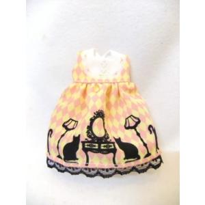 [20ｃｍDoll・ミディブライス用]　spicaオリジナルプリントワンピース(ダイヤ黒ねこシルエッ...