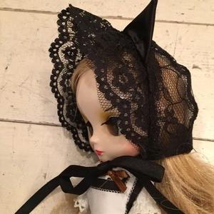[20cmDoll・ミディブライス用] spica*petit「ミディレースネコ耳ボンネット（クロ）...
