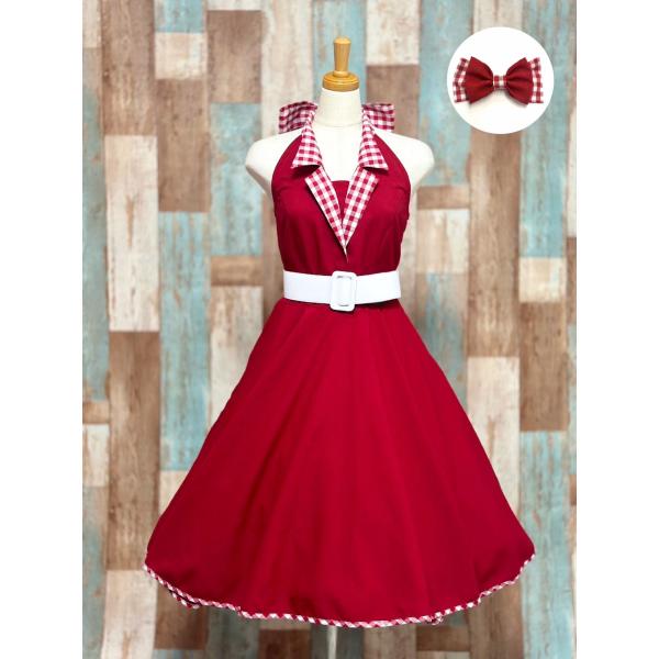 【SpiceUp★Groovy】襟付きホルターネックサーキュラーワンピース【レッド×ギンガムチェック...