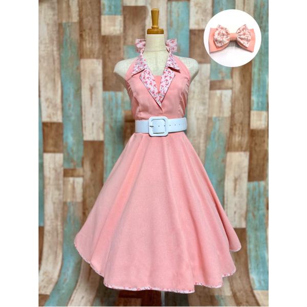 【SpiceUp★Groovy】襟付きホルターネックサーキュラーワンピース【コーラル×フラミンゴ】