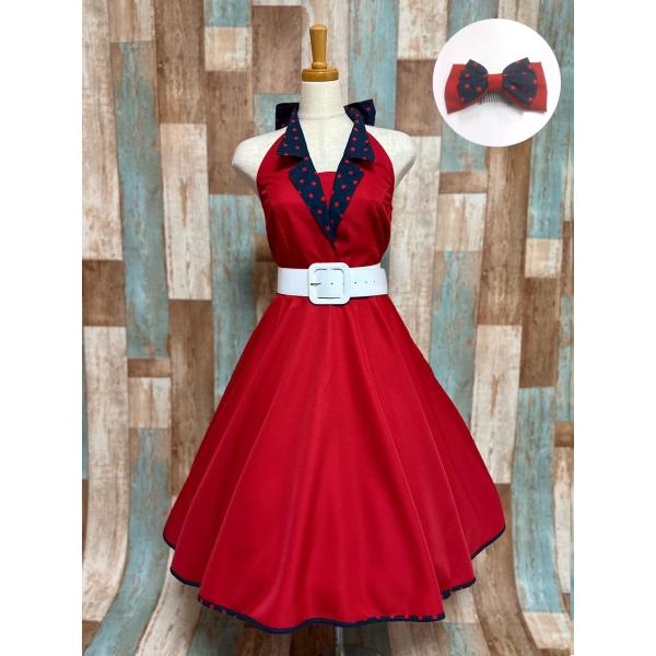 【SpiceUp★Groovy】襟付きホルターネックサーキュラーワンピース【レッド×スター】